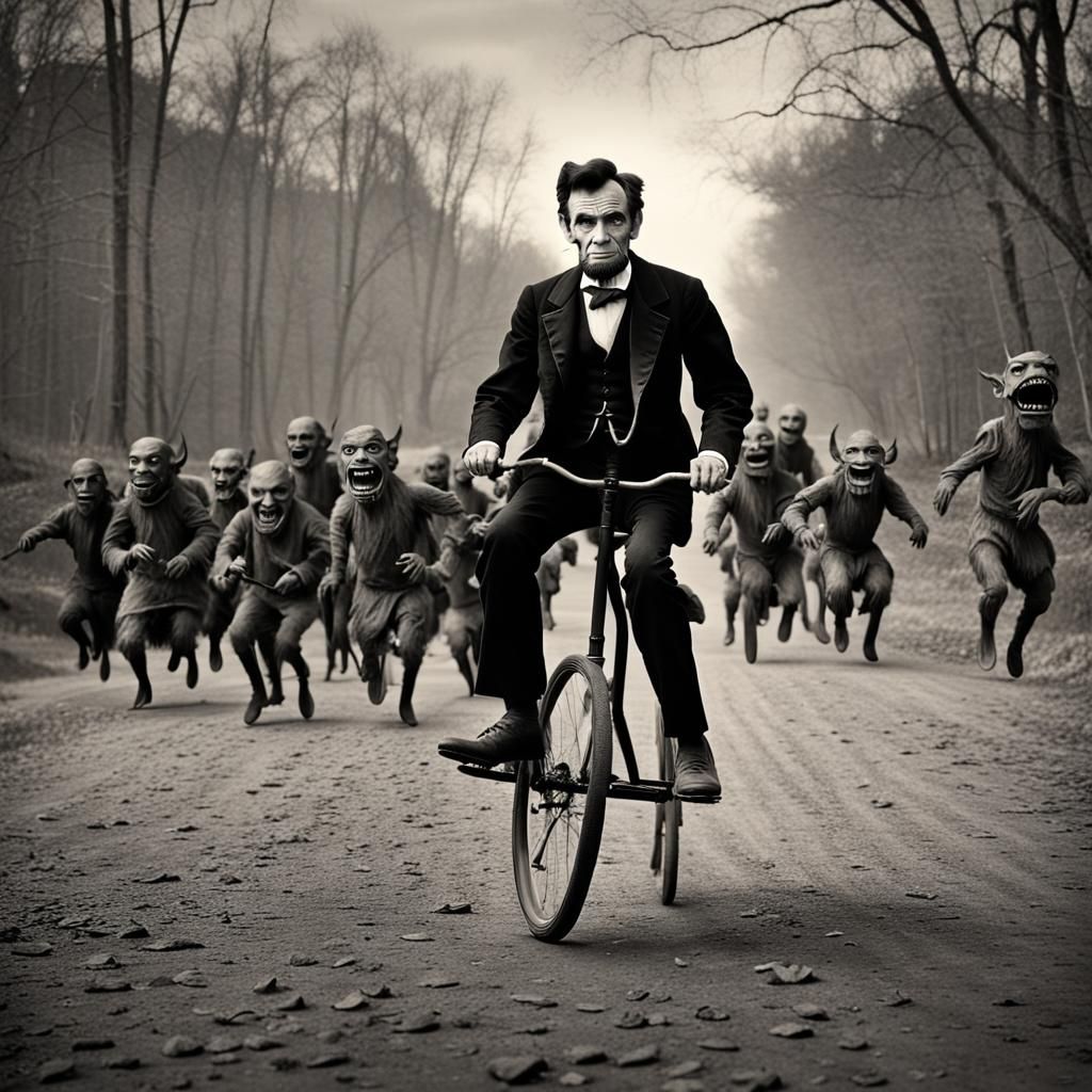 Lincoln on Unicycle Pursued by Goblins