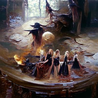Coven of Fates in Oil Painting Style
