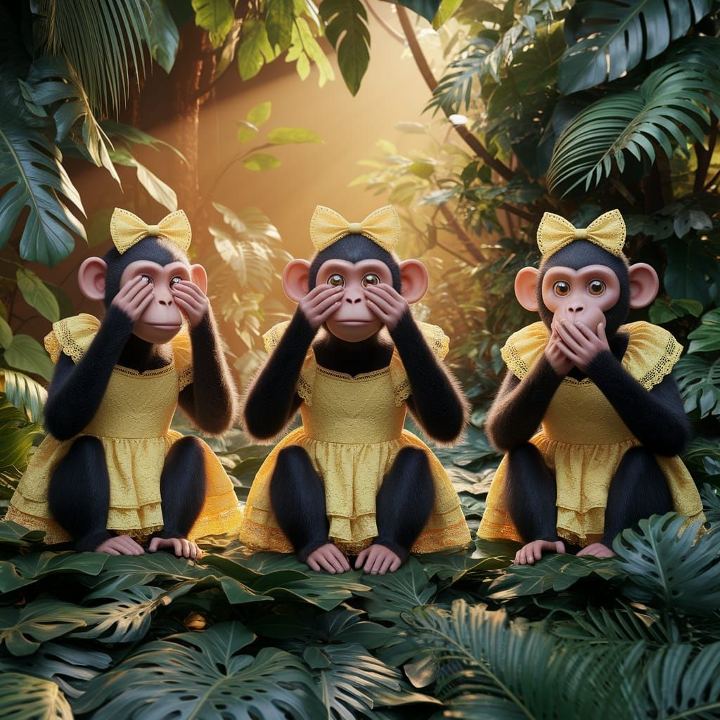 Hear, See, Speak No Evil Monkeys in Jungle, Pixar Style