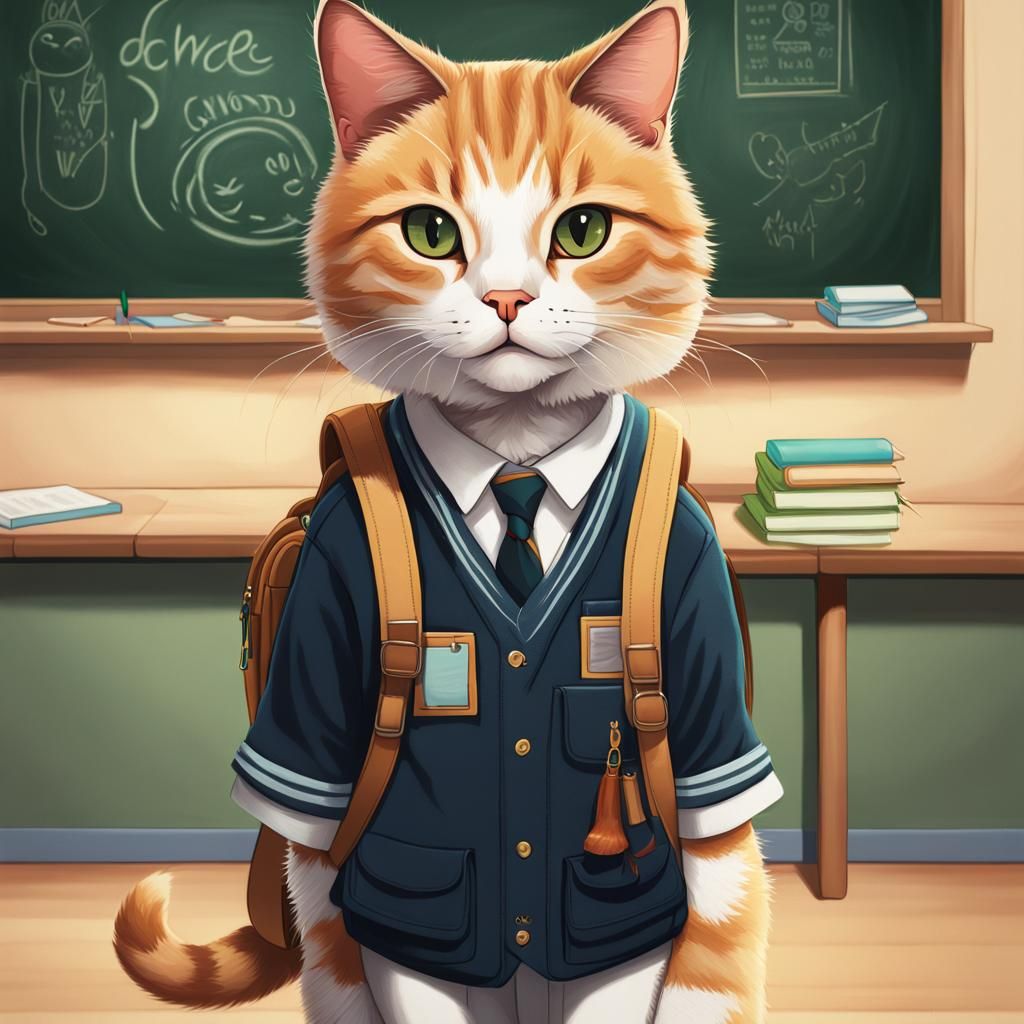Cat in School Uniform: Hyperrealistic Digital Art