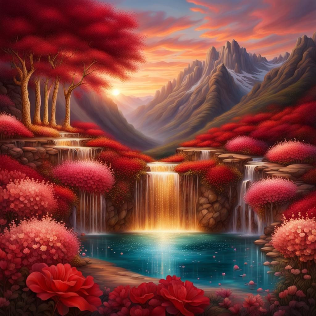 Magical Waterfall with Crystal Mountains and Glowing Flowers
