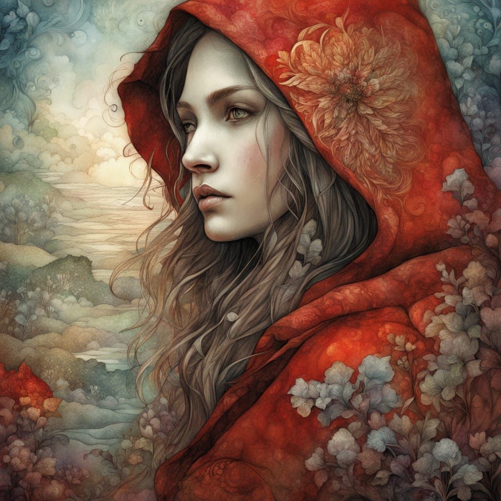 Enchanted Portrait of Red Riding Hood in Whimsical Nature