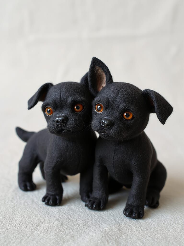 Two Playful Dogs with Orange Eyes in Felt Style