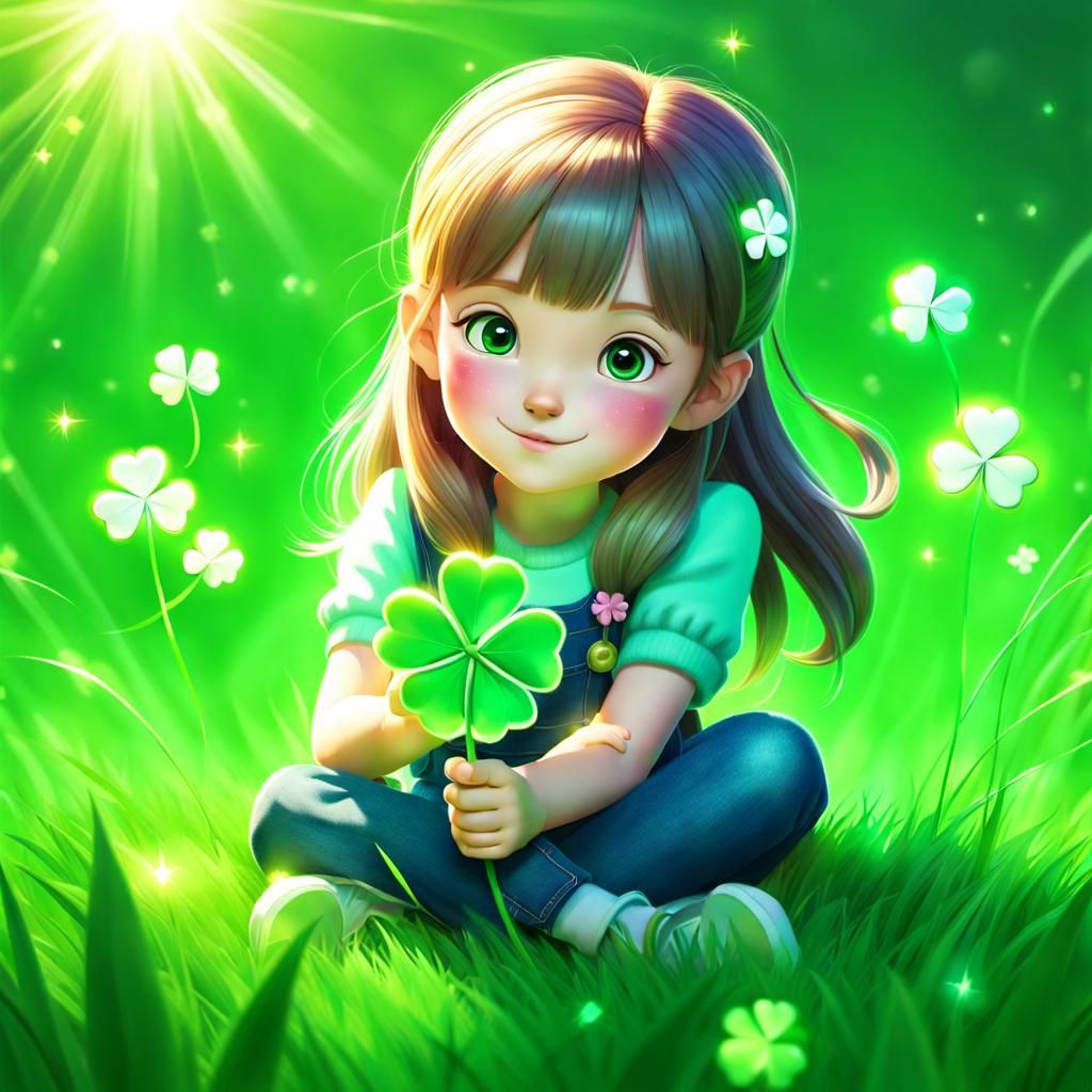 Pastel Anime Girl with Four-Leaf Clover in 3D Render