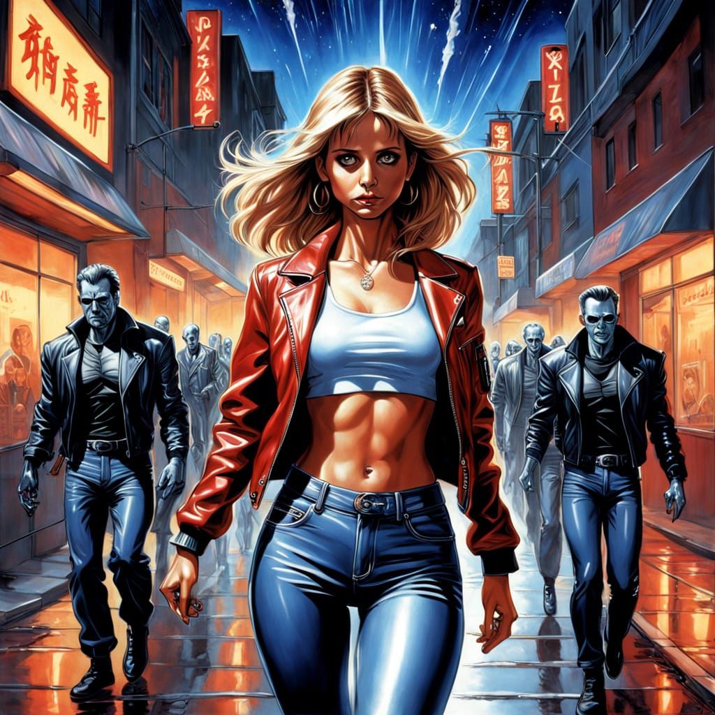 Retro-Futuristic Vampire Slayer in Oil Painting Style