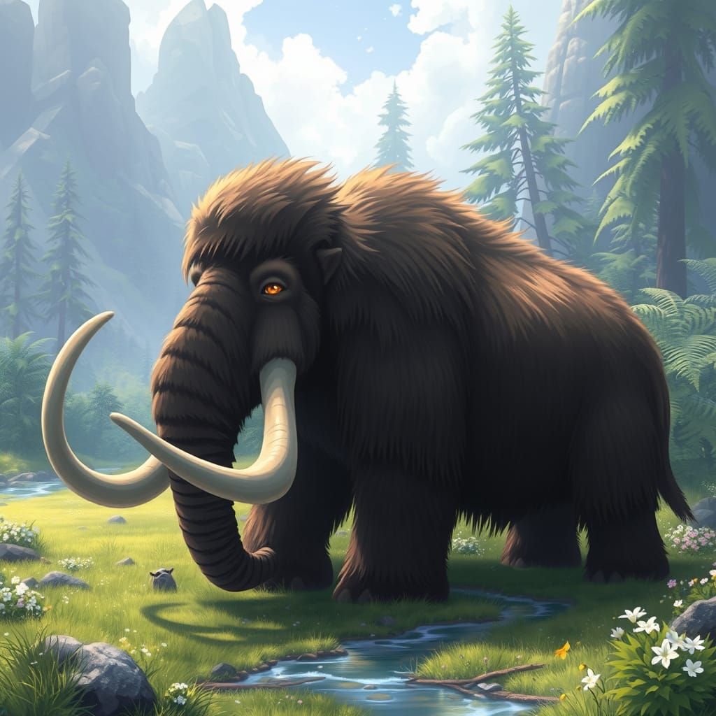 Woolly Mammoth Grazing in Anime Style