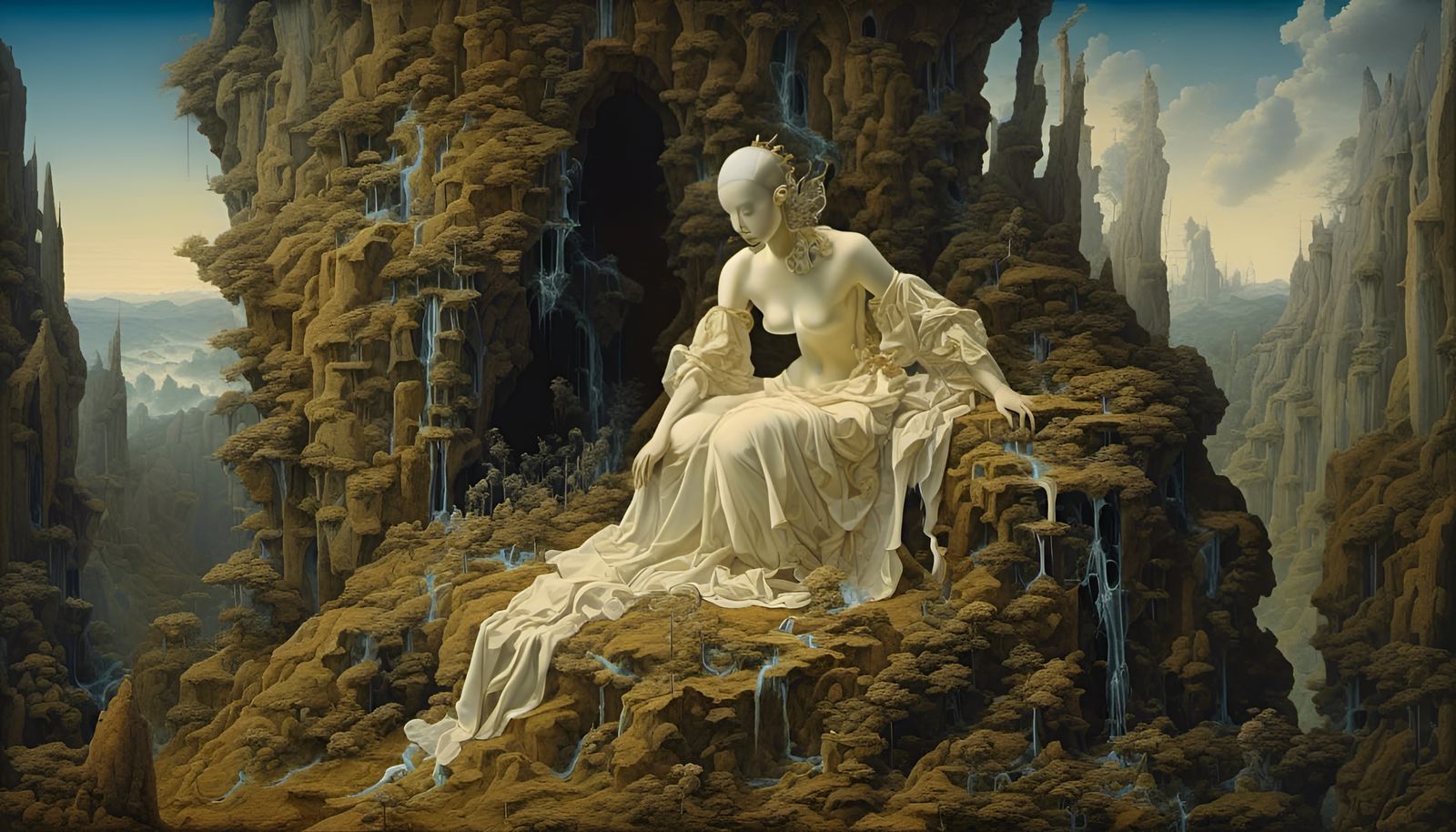 Cracked Stone Statue in Forest, Surrealist Style