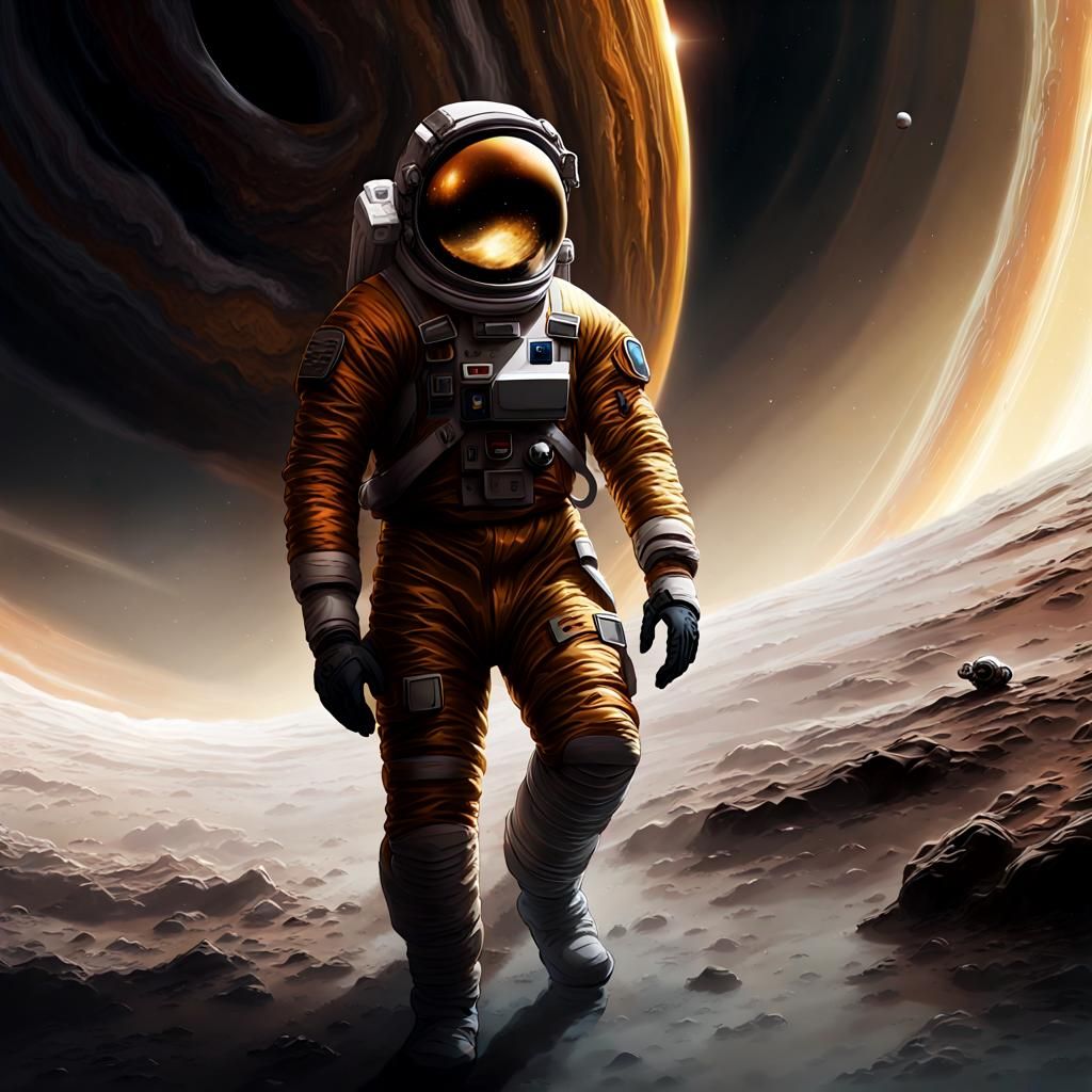 Astronaut Walks on Jupiter Near Black Hole, Digital Art