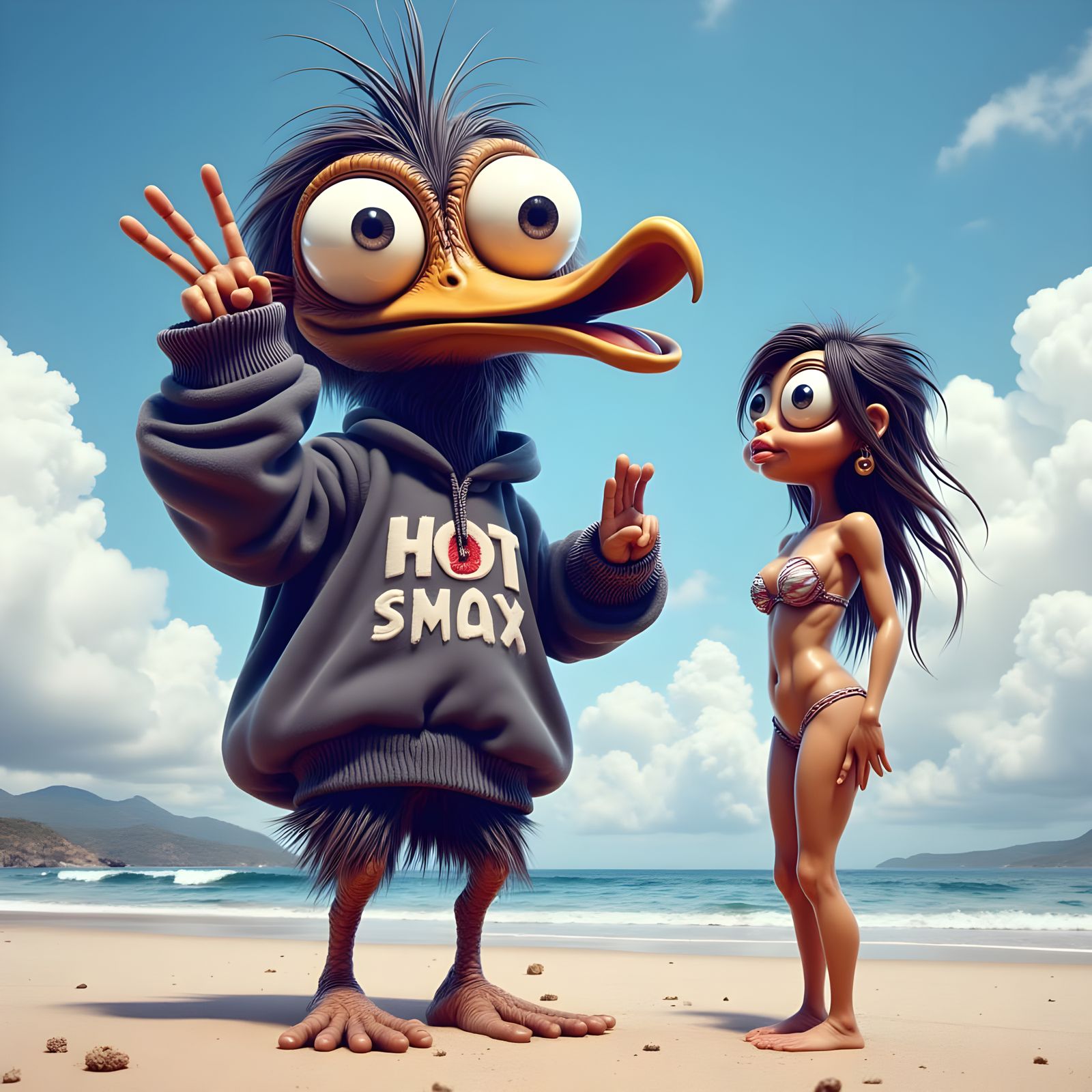 Cartoon Bird-Man on Beach, 1930s Style