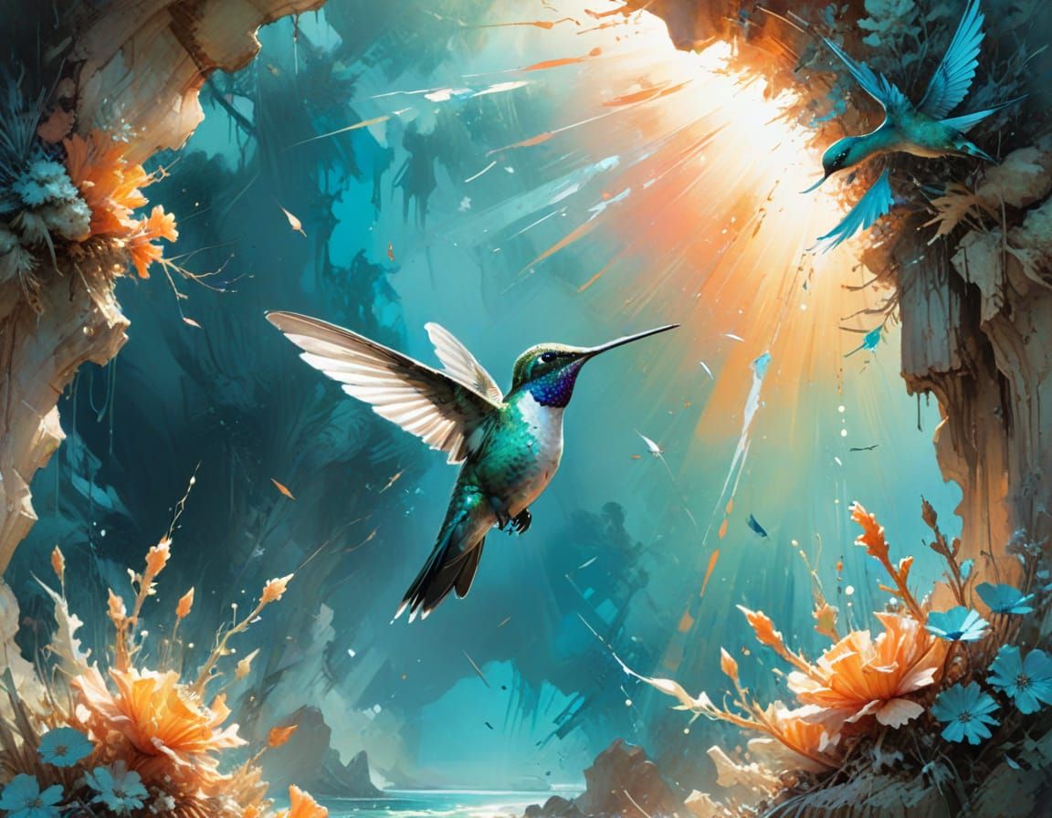 Hummingbird Over Coral Arch in Watercolor Style