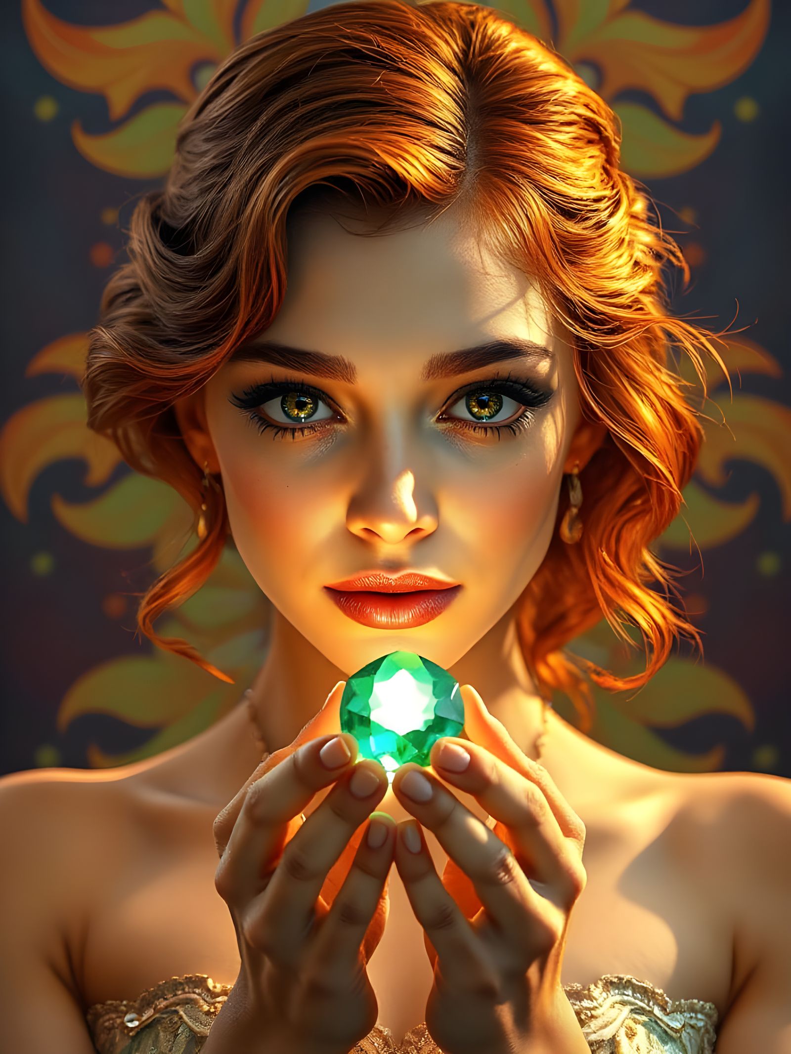 Vintage Anime Portrait with Emerald and Radiant Light
