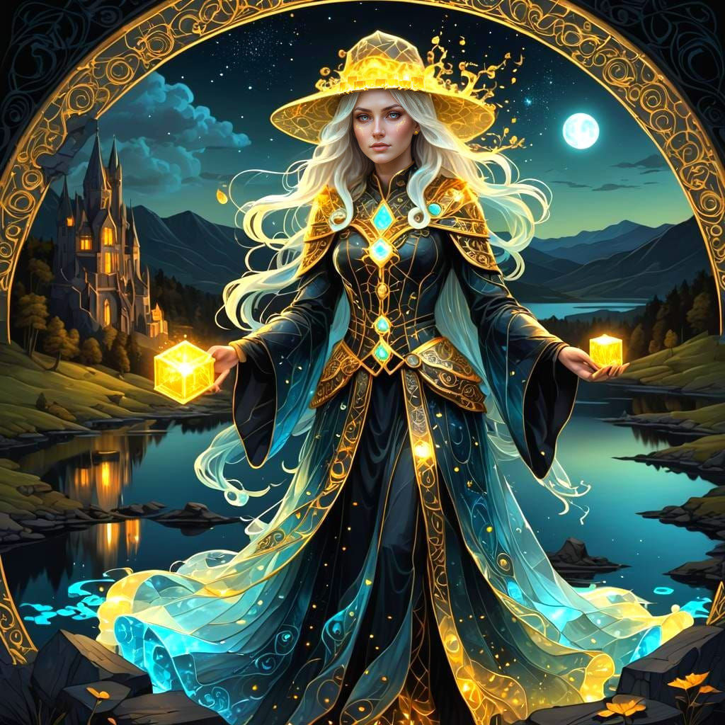 Bioluminescent Wizard with Gold Brick, in Art Nouveau