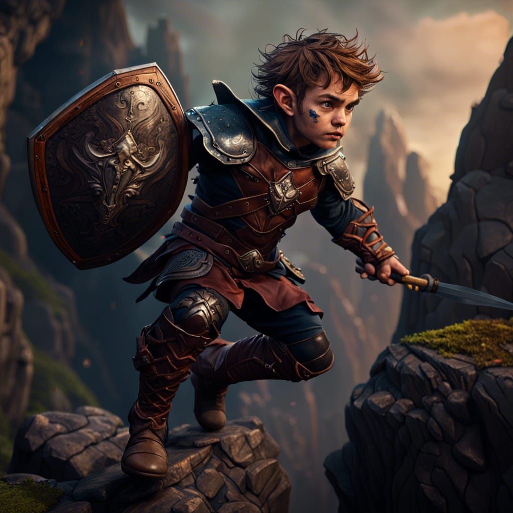 Halfling Warrior Leaping from Cliff, Detailed Fantasy Art