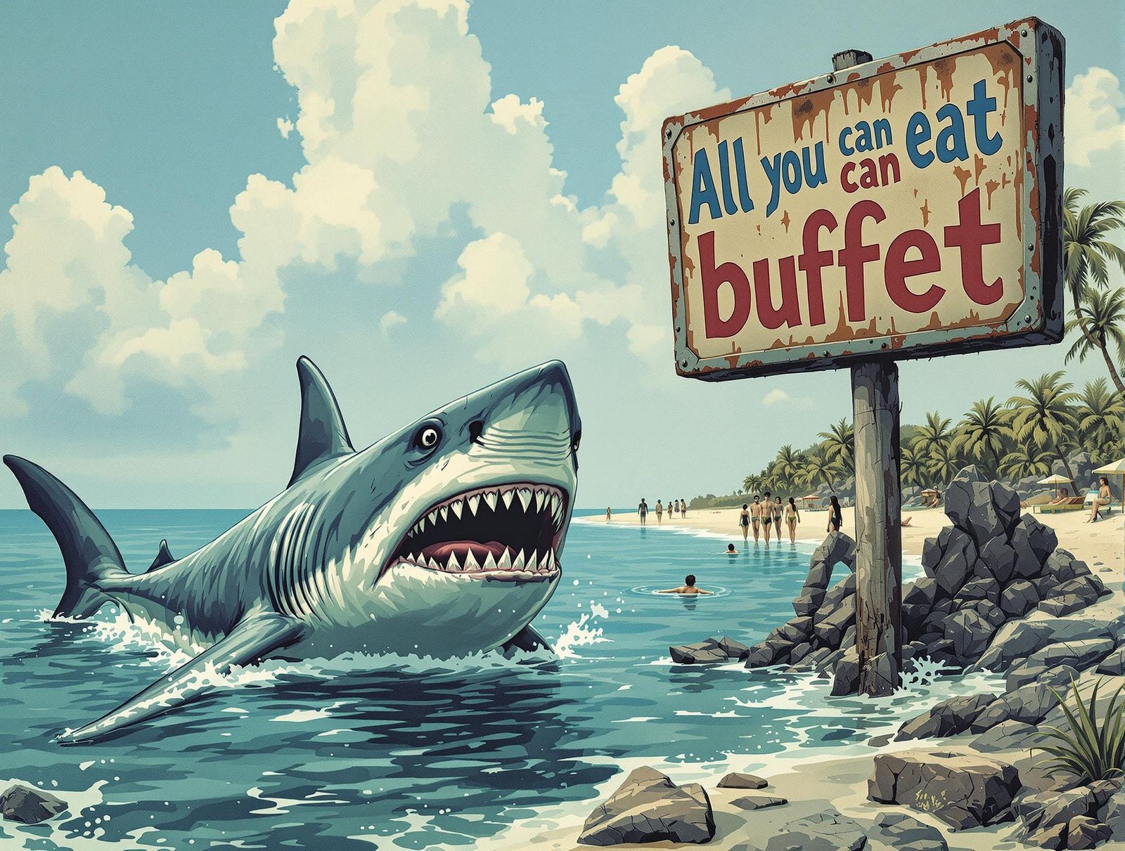 Great White Shark Watches Swimmers at Abandoned Underwater B...