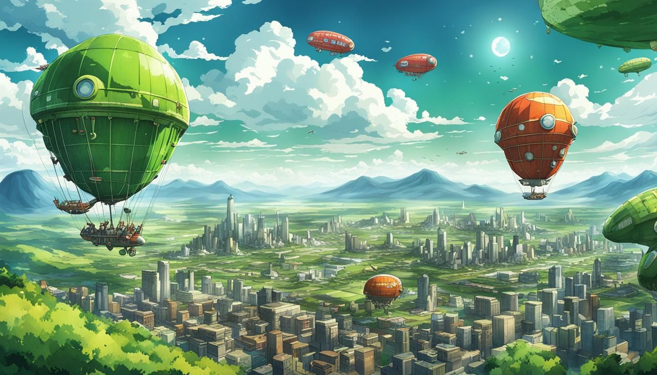 Solarpunk Blimps Over Green Valley City