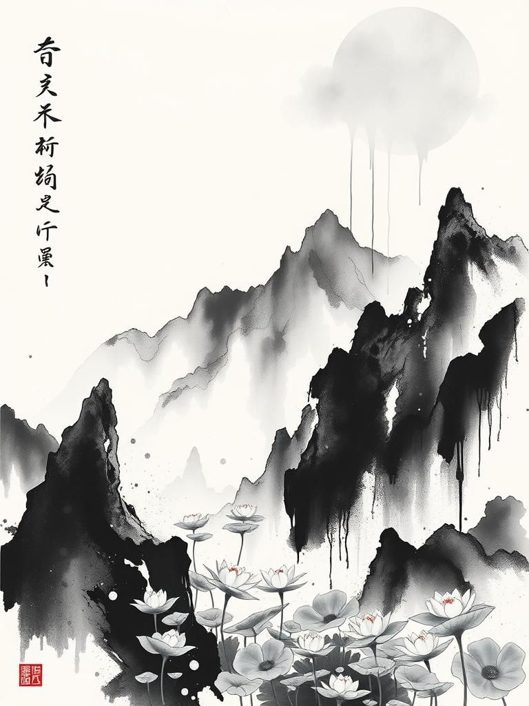 Ink Splatter Lotus Landscape in Sumi-e Style