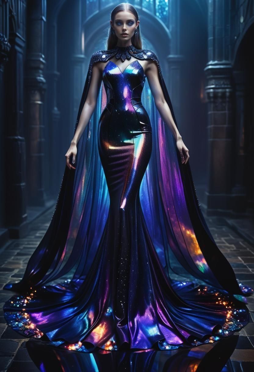 Glamorous Woman in Opal Dress with Dark Cape