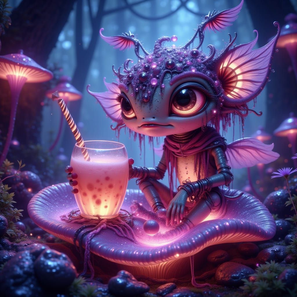 Bioluminescent Alien with Milkshake on Crystal Mushroom