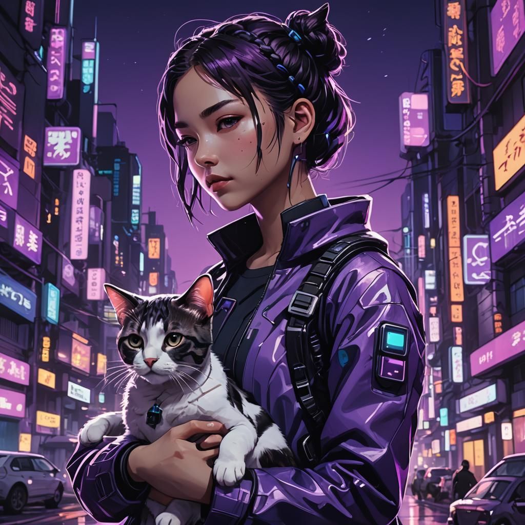 Cyberpunk Anime Girl with Robotic Cat in Cityscape