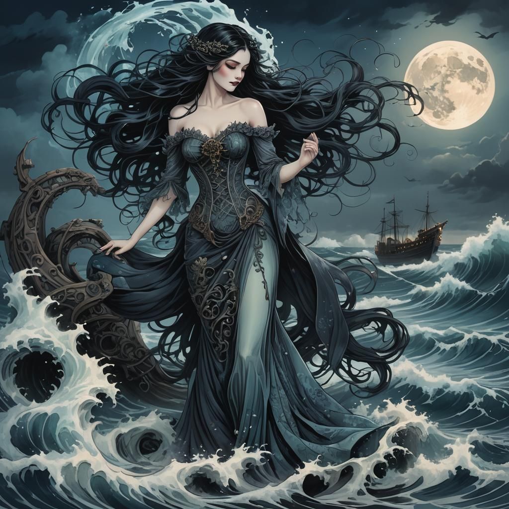 Ghostly Siren Entwined with Shipwreck in Gothic Style