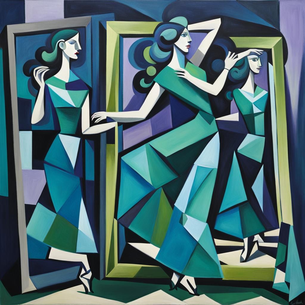 Cubist Oil Painting of Dancing Woman with Mirror