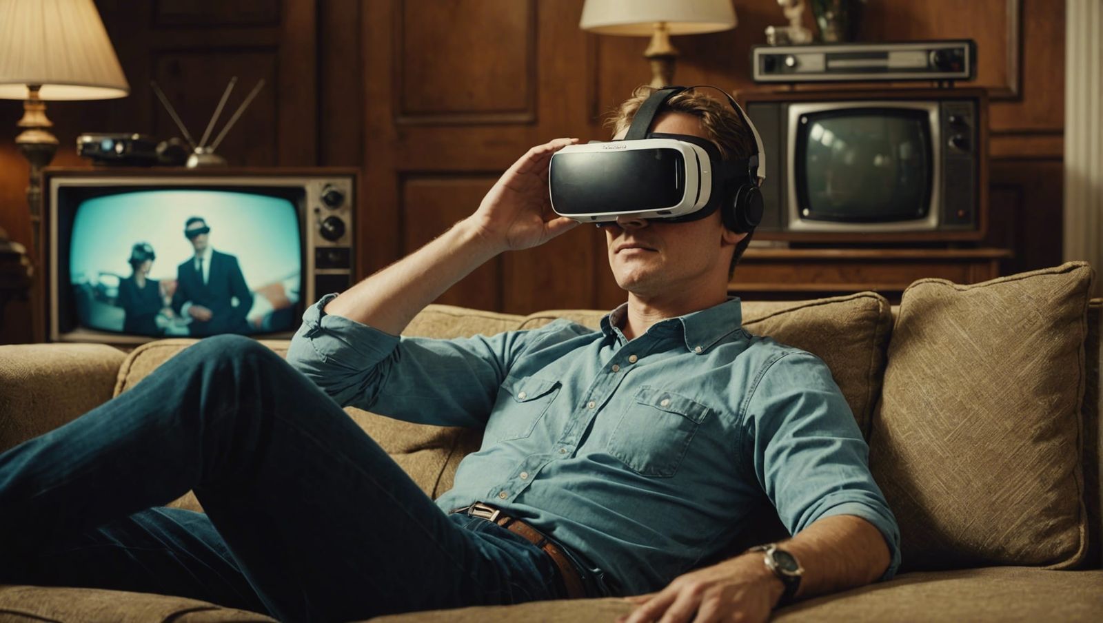 Man in VR with Vintage TV: Hyperrealistic Scene