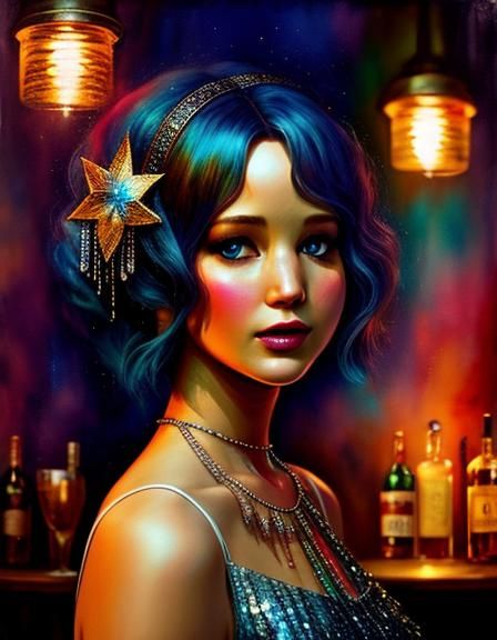 Jennifer Lawrence as 1920s Flapper, Alcohol Ink Style