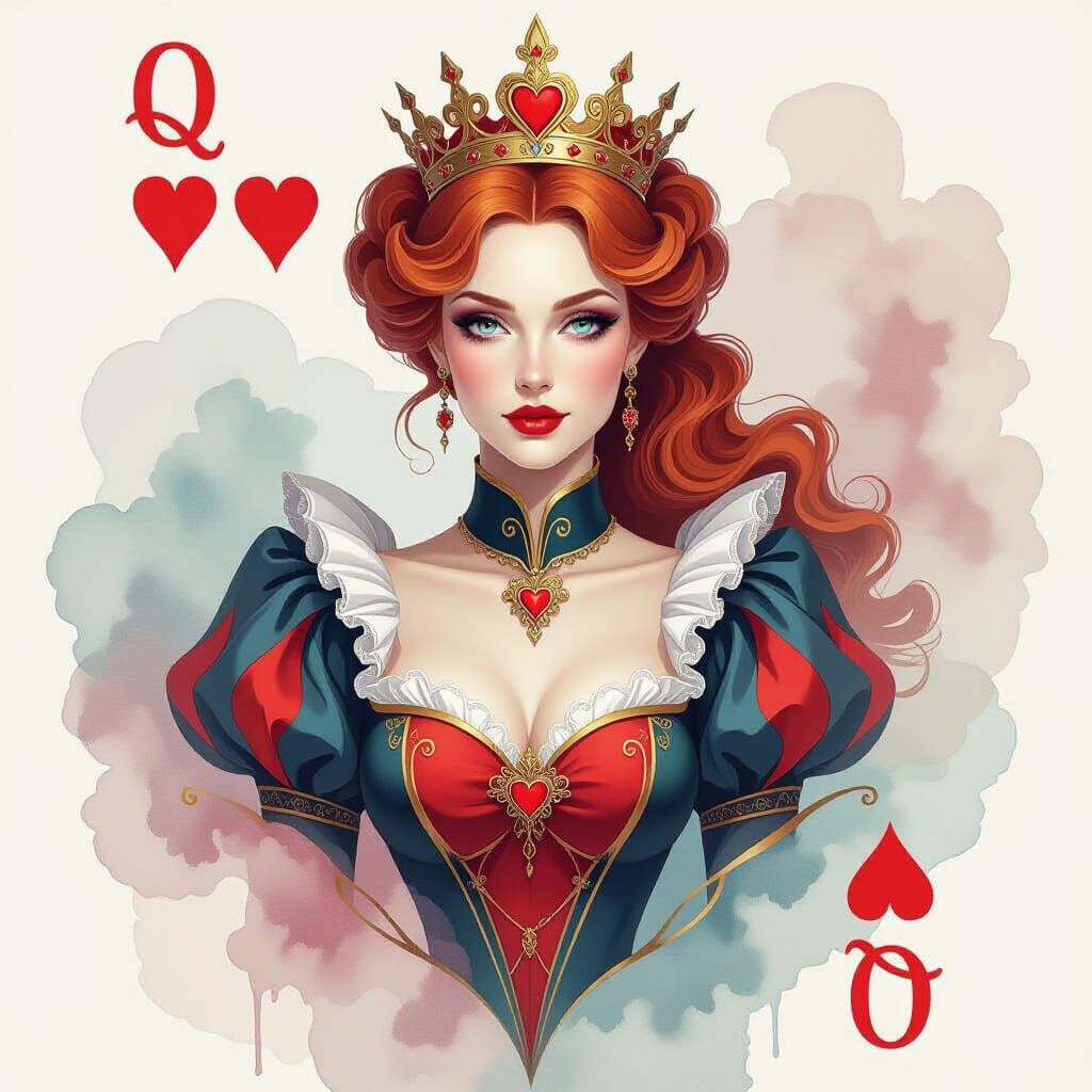 Futuristic Queen of Hearts in Romantic Watercolor Style