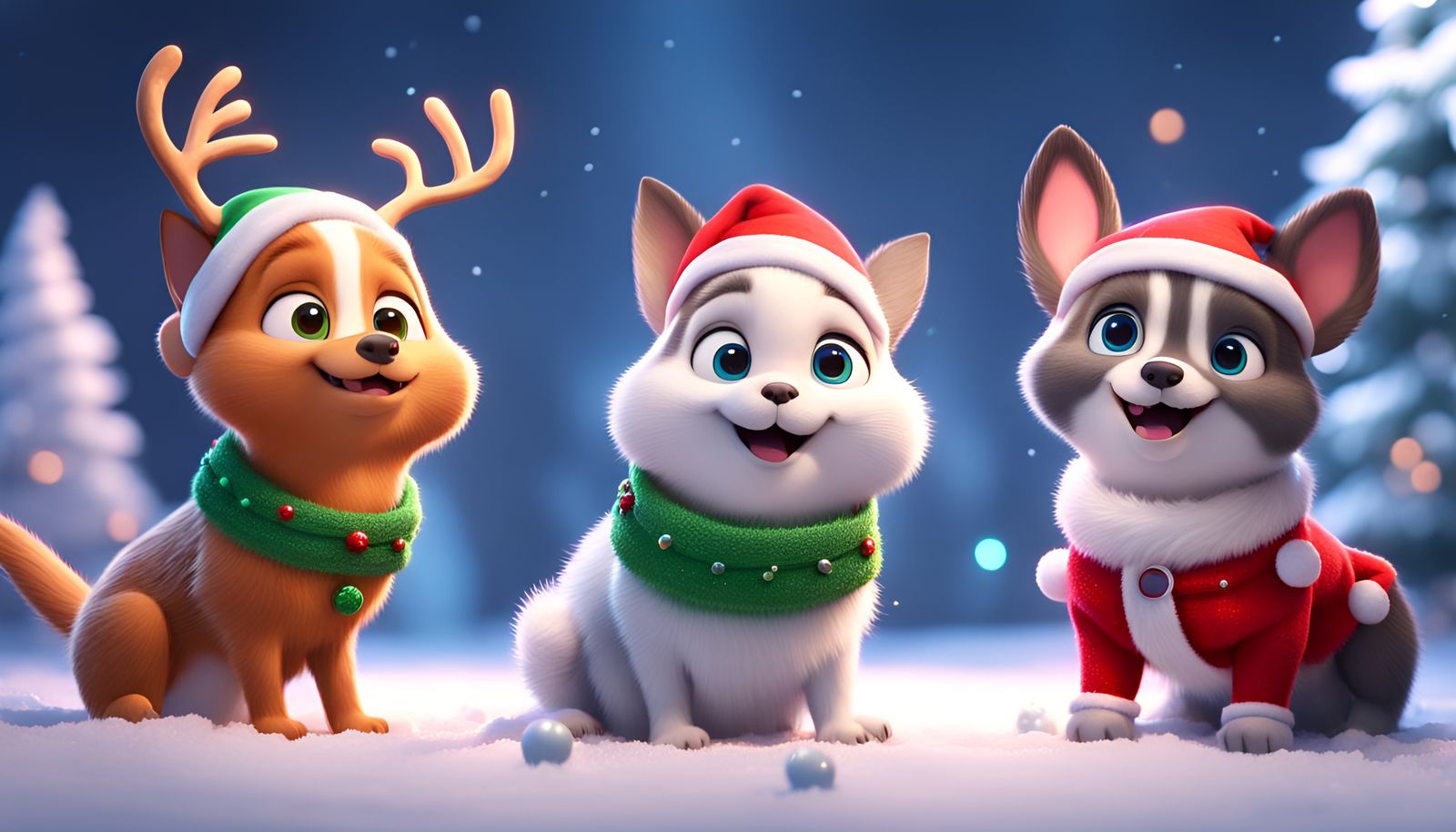 Cute Pets in Christmas Clothing in 3D Style