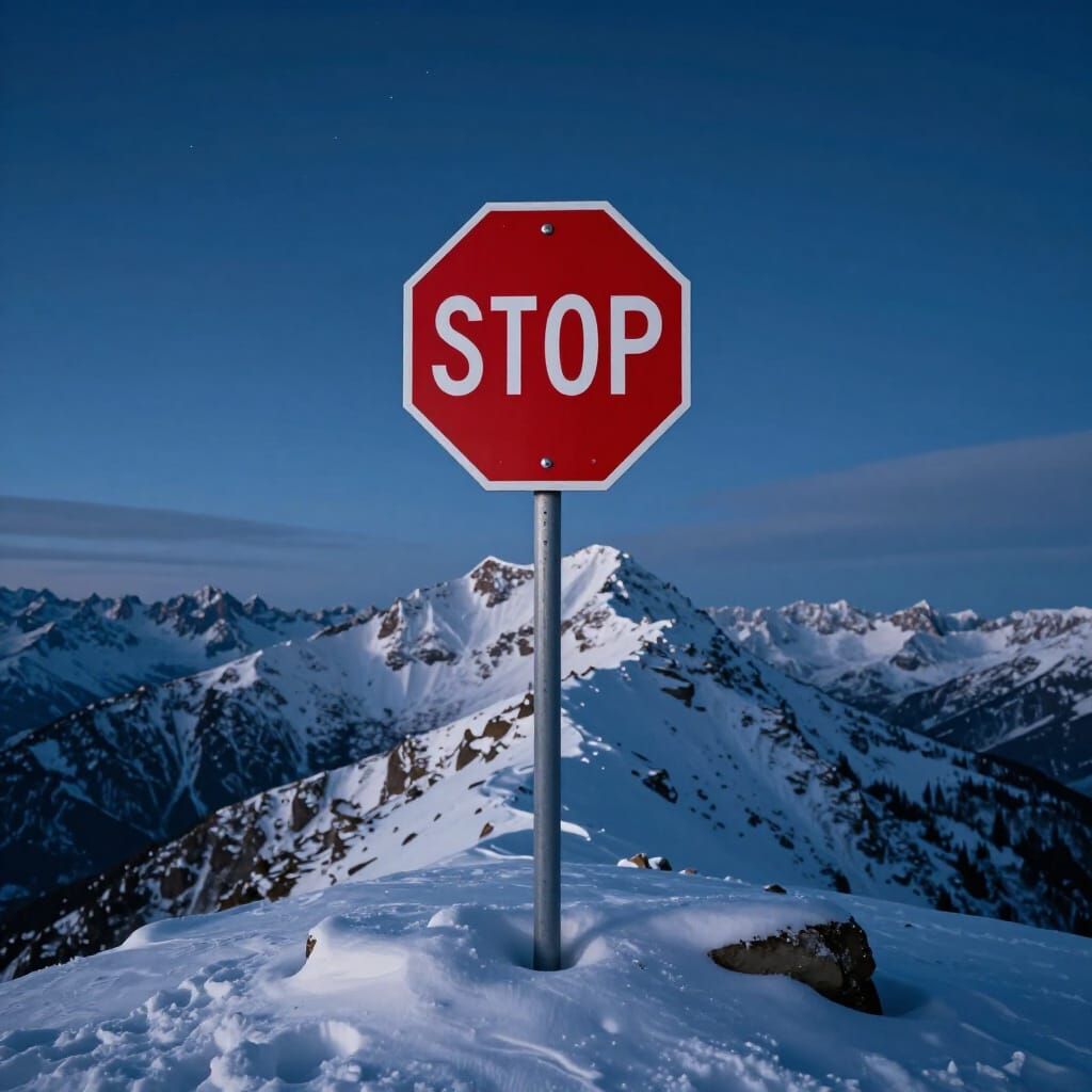 Red Stop Sign Summit on Snowy Mountain at Twilight