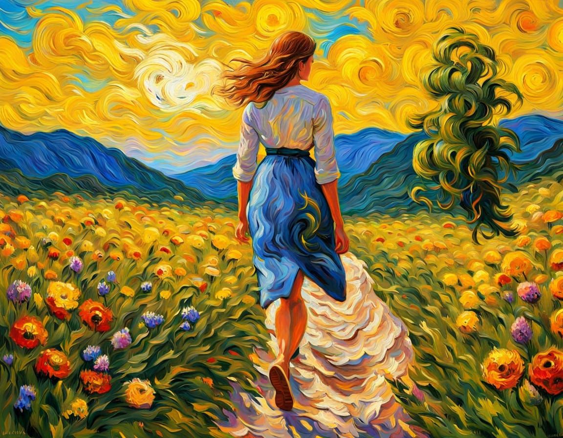 Woman in Wildflower Field: Impasto Oil Painting