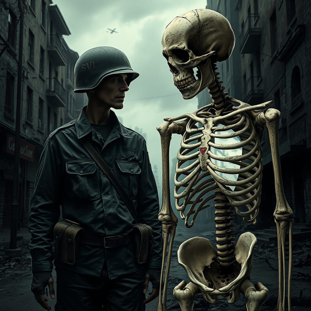 War-Torn Soldier Meets Haunting Skeleton in Cyberpunk Art