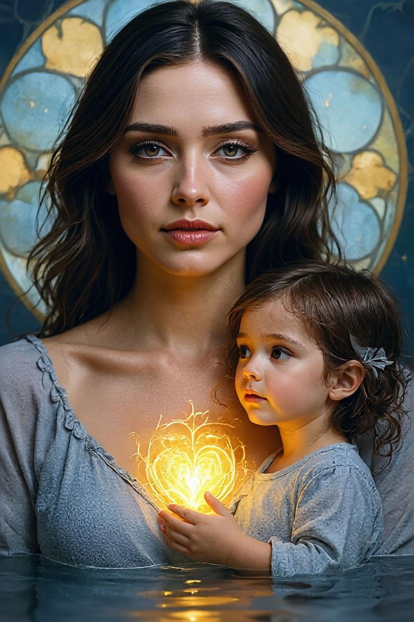 Ethereal Woman Portrait with Glowing Inner Child