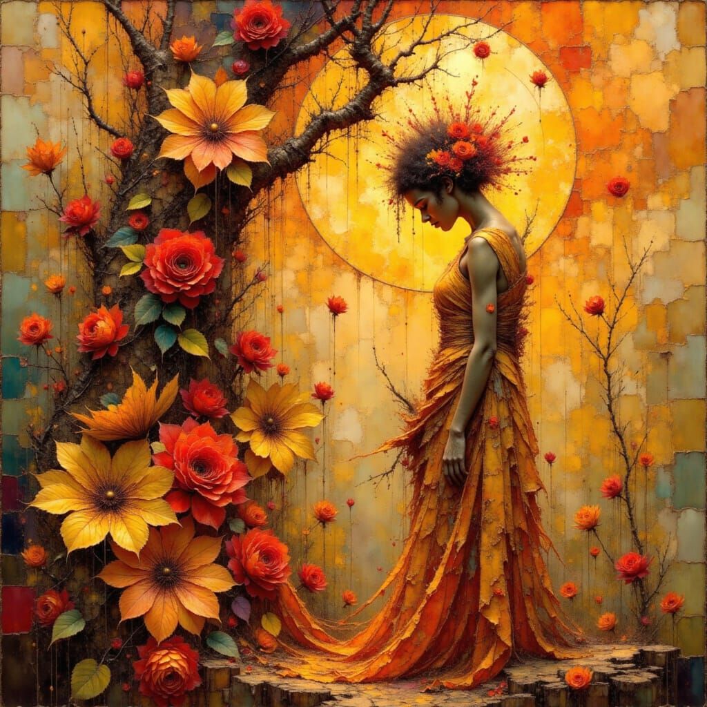 Golden Goddess in a Vibrant Klimt-Inspired Landscape