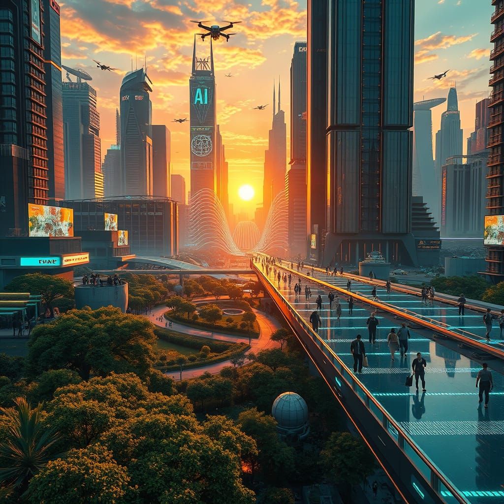 Surreal Futuristic Cityscape Blends Nature and Technology in...