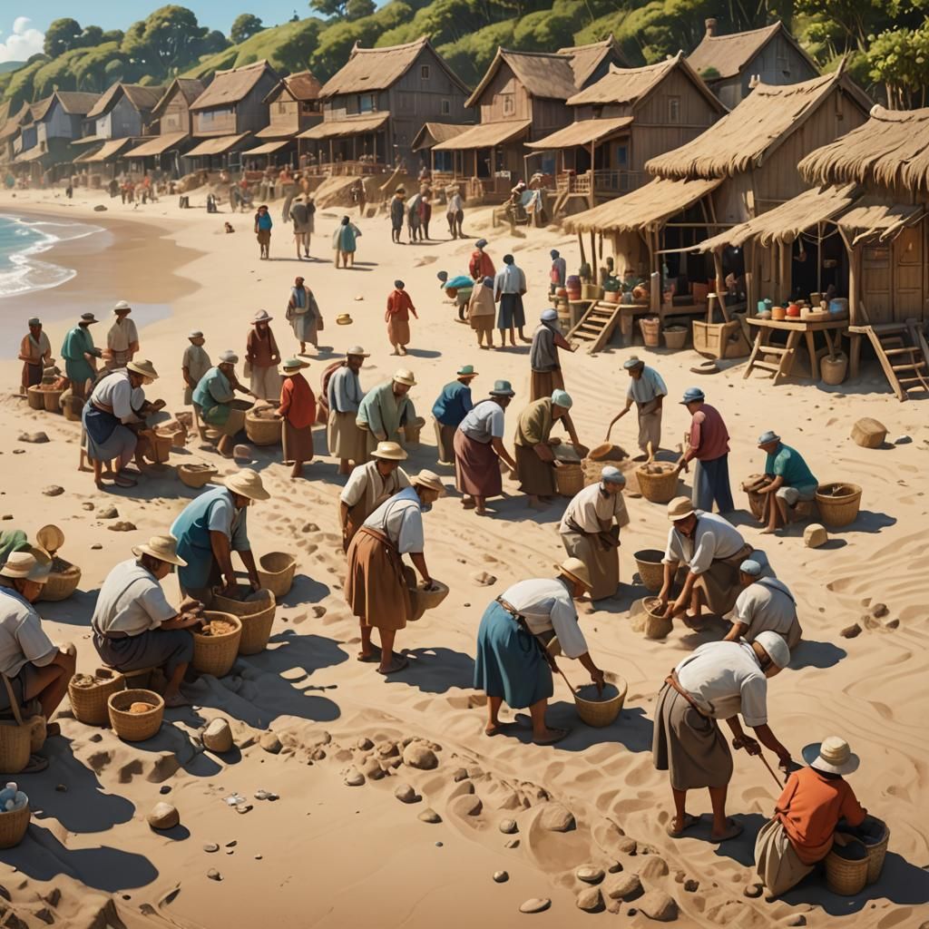 Beach Preparation by Lilliputian Villagers in Hyperrealistic...