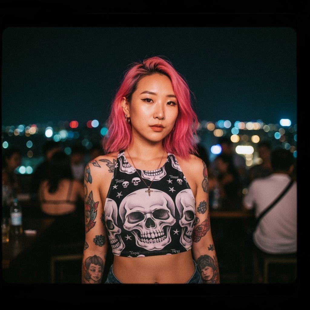Asian Woman with Pink Hair at Rooftop Bar