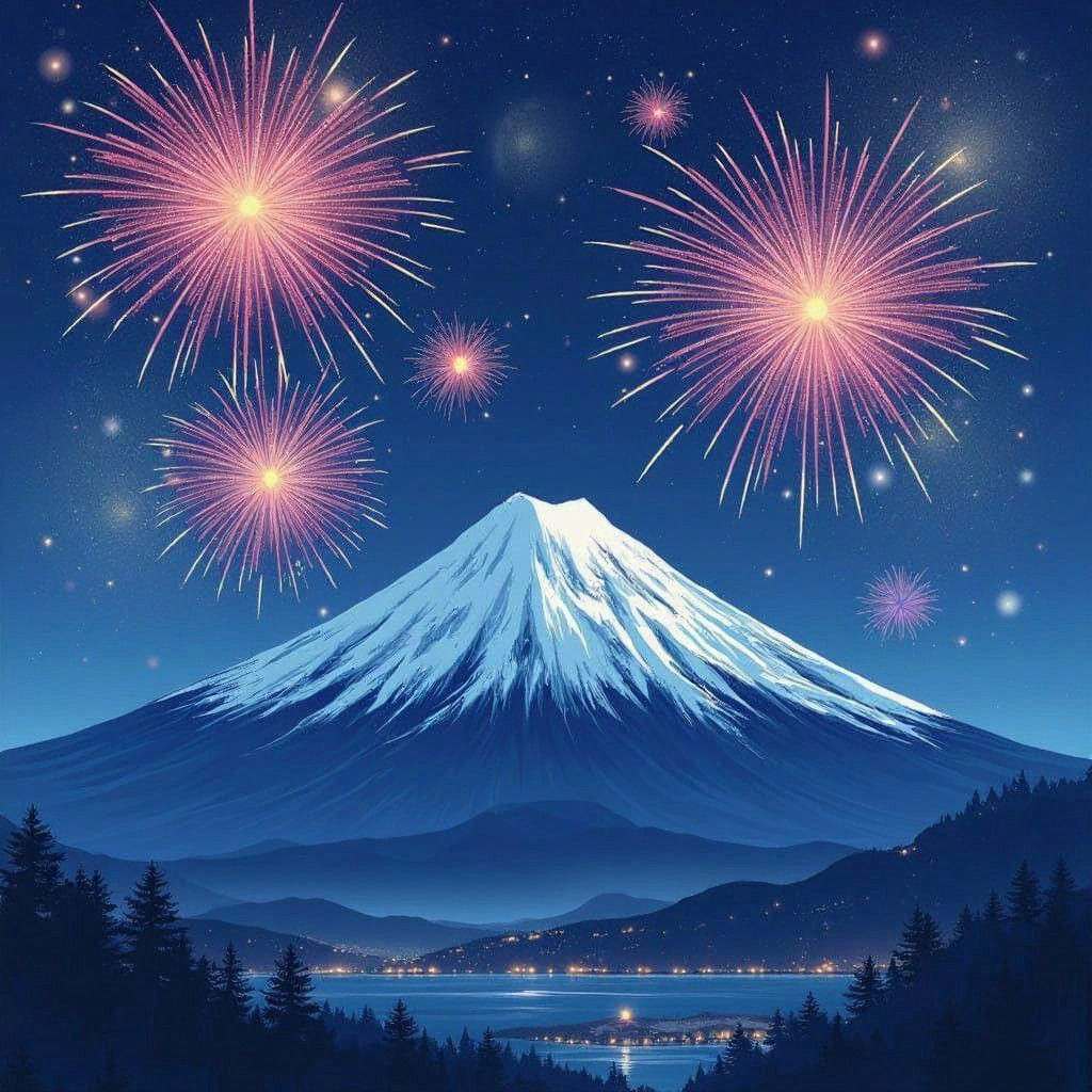 Surreal Winter Night Sky Over Mount Fuji with Vibrant Firewo...