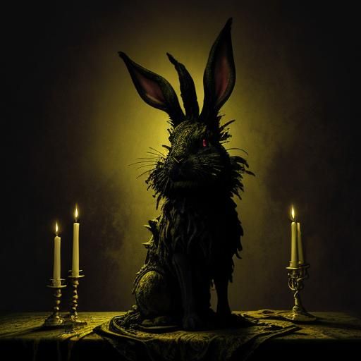 Grotesque Rabbit at Cursed Table in Dark Fantasy