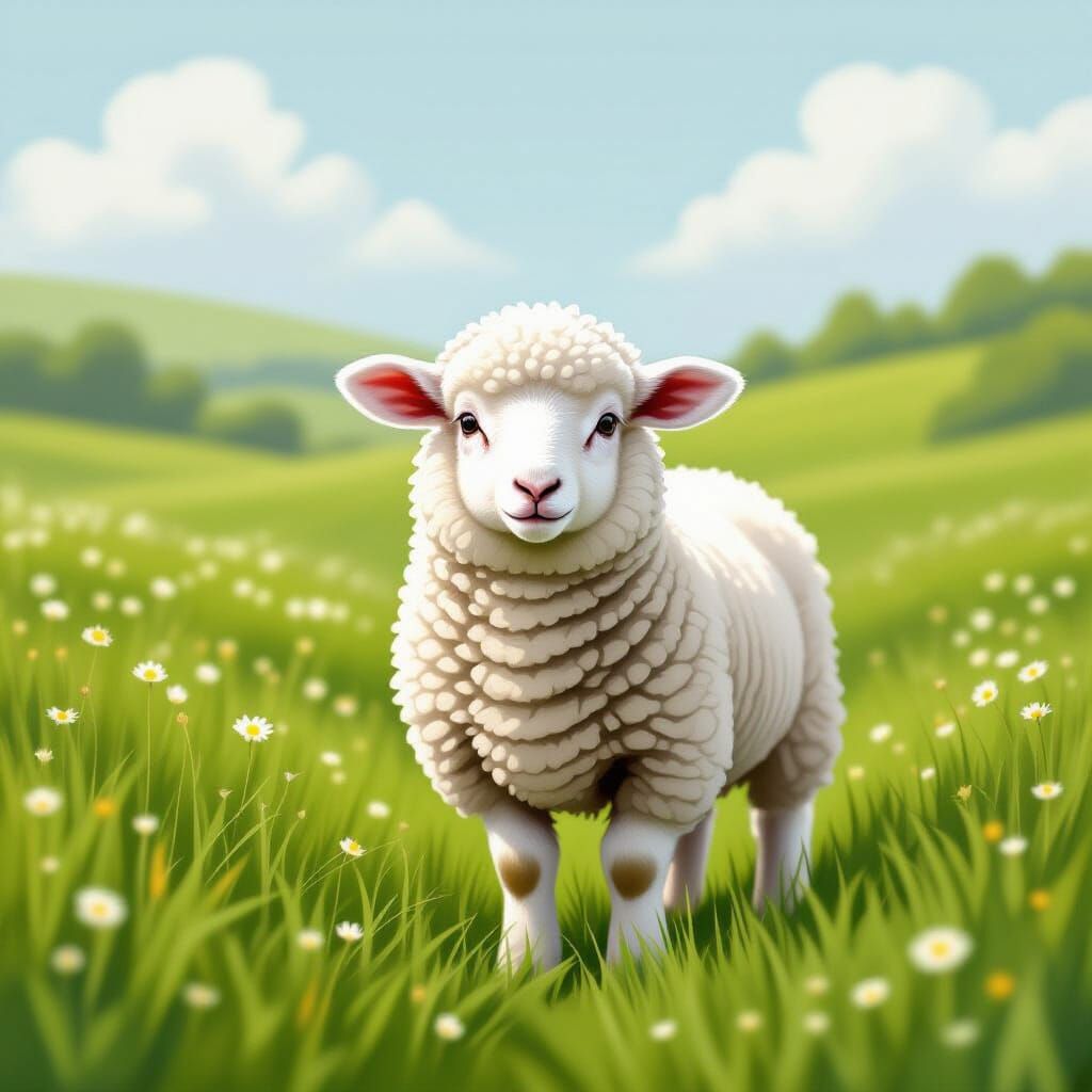 Timid Lamb in Meadow, Whimsical Illustration