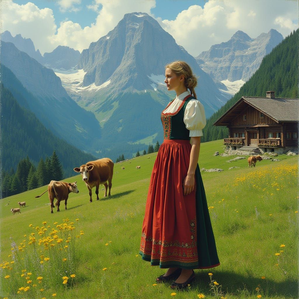 Alpine Meadow Scene with Dirndl Woman