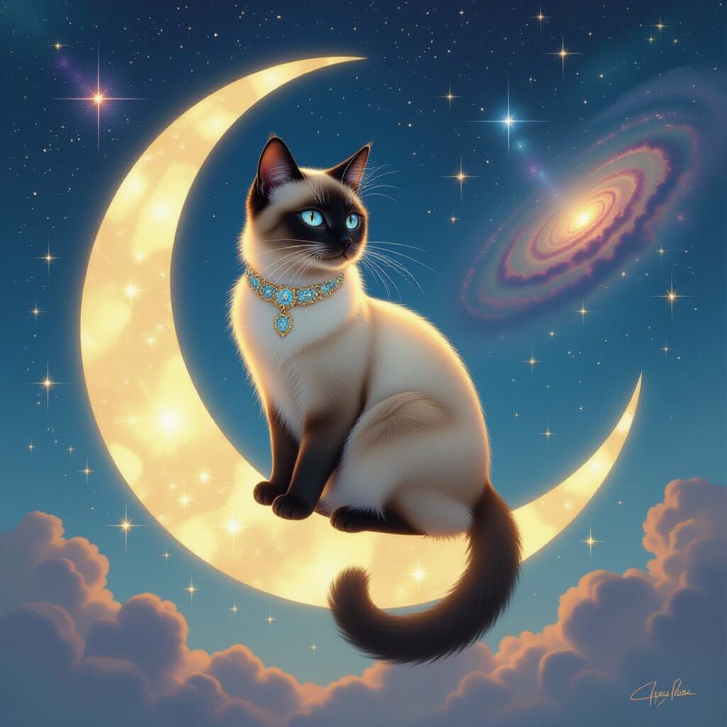 Siamese Cat on Crescent Moon in Surreal Fantasy Style