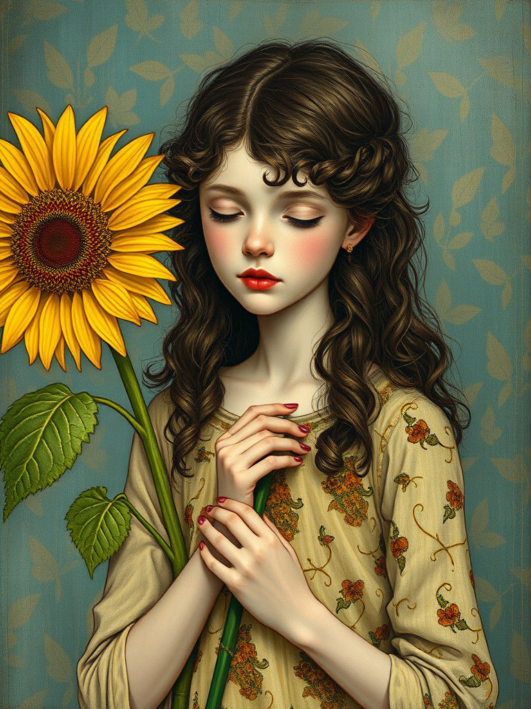 Girl with Sunflower in Symbolist Style