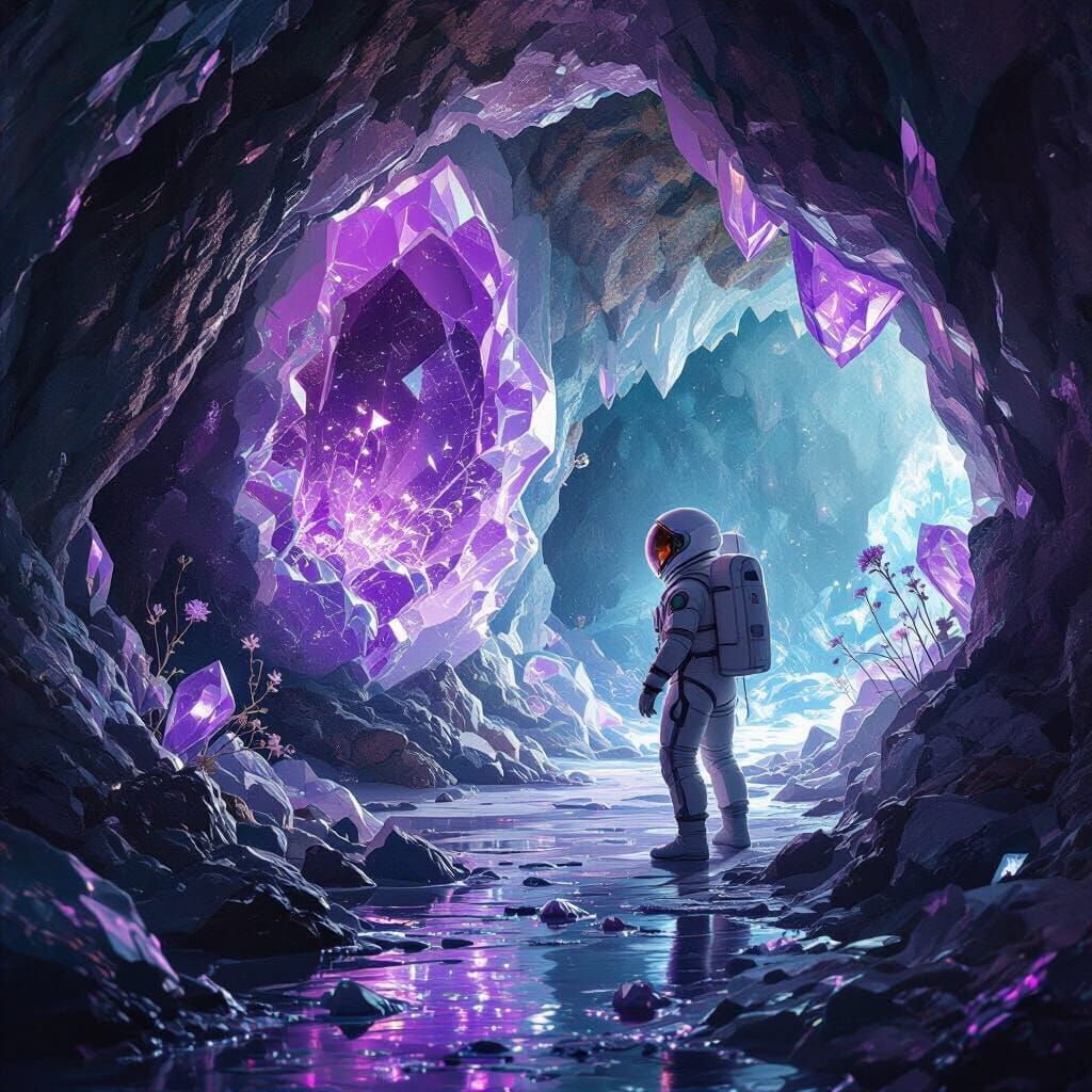 Astronaut Explores Amethyst Geode Cave on Alien Planet