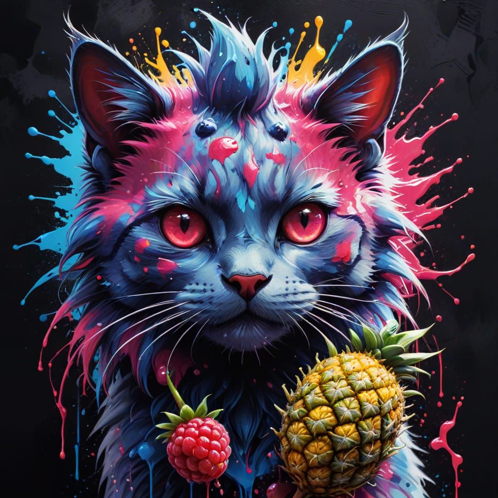 Vibrant Graffiti Feline with Fruity Fusion