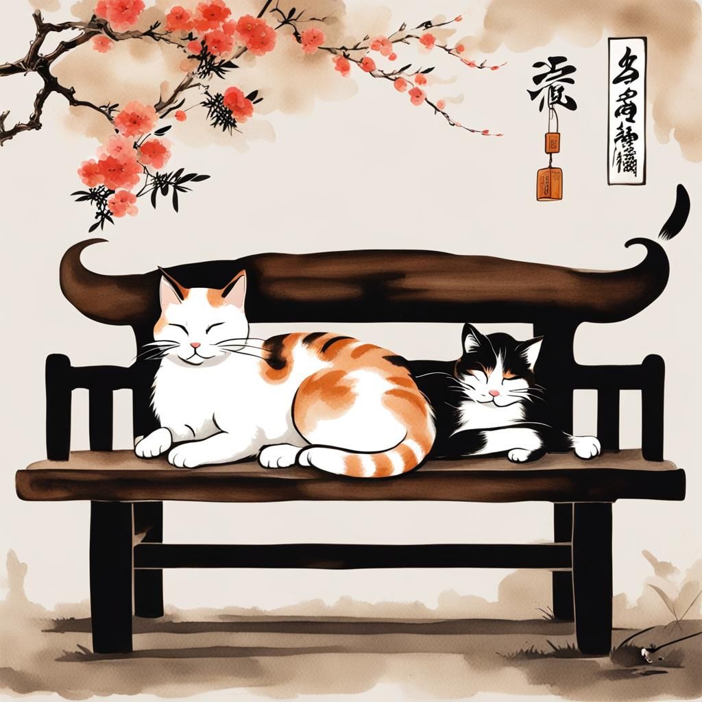 Calico Cat Nap: Chinese Ink Painting with Kittens
