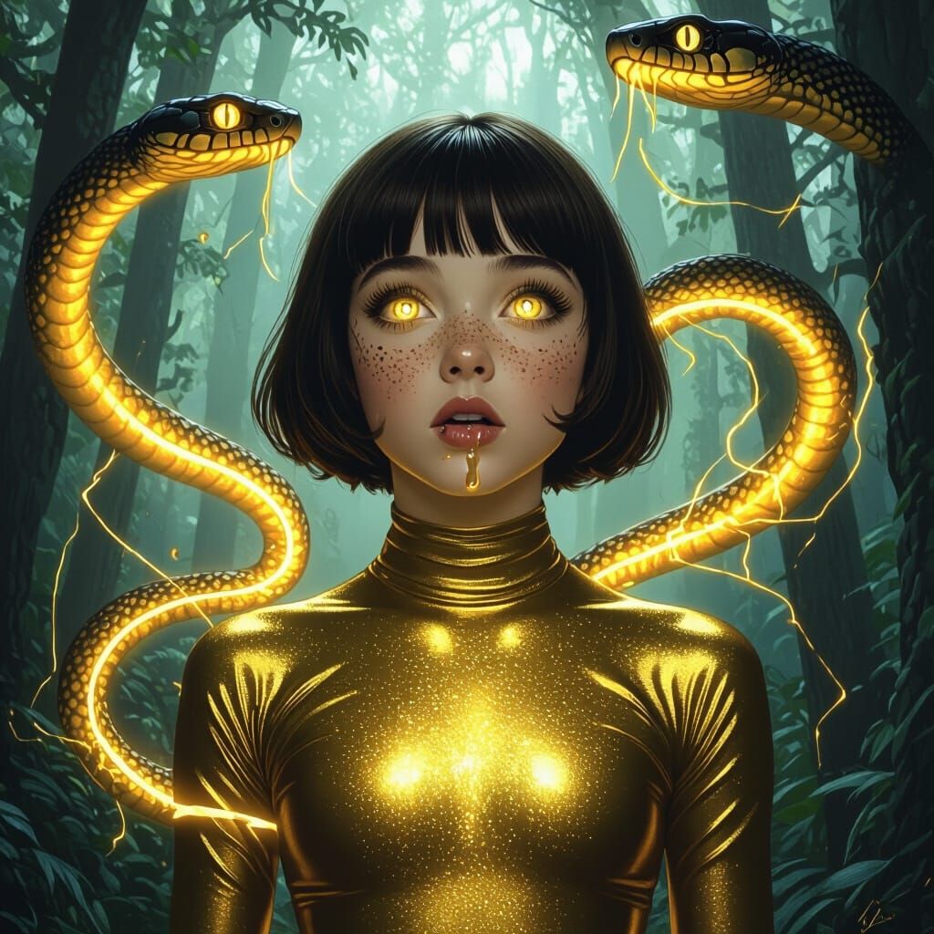 Girl Hypnotized by Kaa in Mystical Forest, Neon Accents