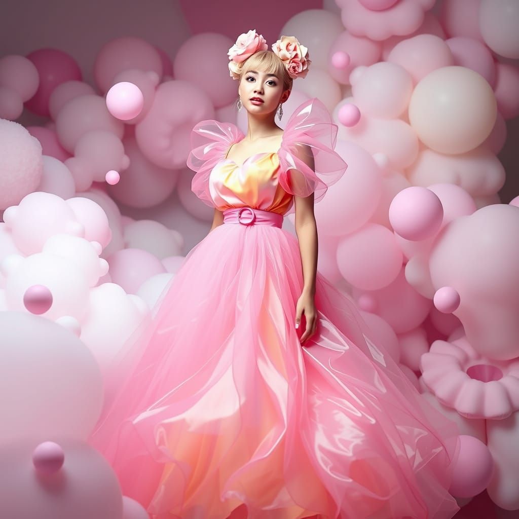 Woman in Whimsical Bubble Dress, Futuristic Pastel Art