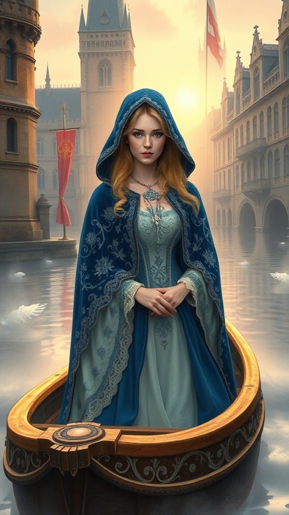 Regal Woman in Vintage Blue Velvet, Navigating a Flooded Cit...