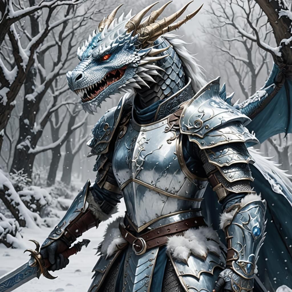 Ice Dragon and Fur-clad Warrior in Snow